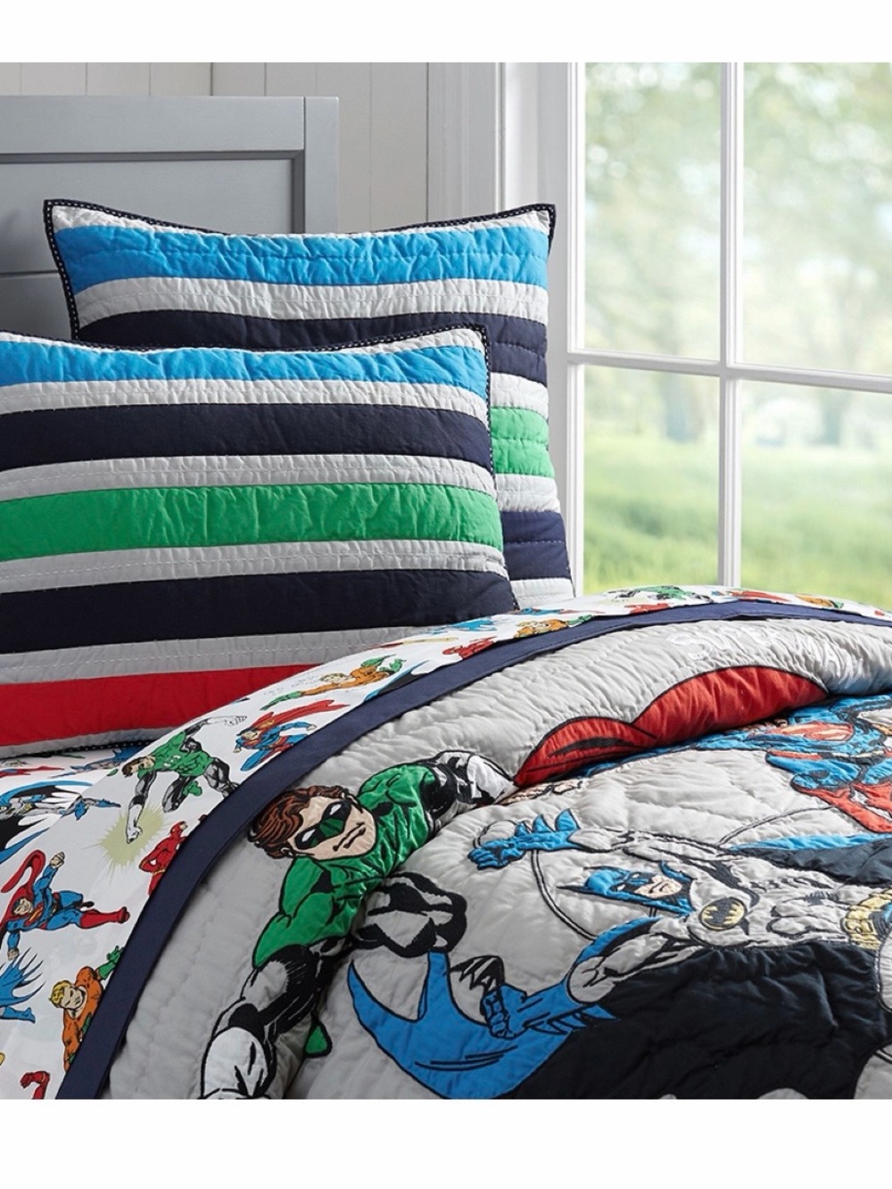 Pottery Barn Kids Justice League Quilt with Blue, Green, Red & White Stripes